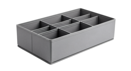 Gray fabric drawer organizer with nine compartments isolated on transparent background