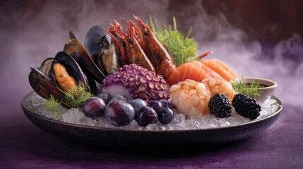 Vibrant Seafood Platter Display with Fresh Shellfish, Shrimp, and Fish on a Bed of Ice Accented by Berries and Greenery Against a Dark Background