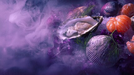 Colorful Display of Fresh Seafood Including Oysters, Clams, Scallops, and Shrimp Set on a Bed of Ice with Misty Background and Vibrant Lighting Effects
