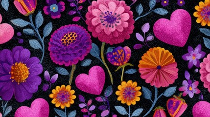 Colorful Floral Pattern with Hearts on Dark Background, Vibrant, Artistic Design for Home Decor, Textile, and Wallpaper Applications