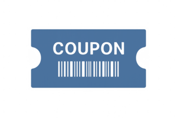 Barcode-printed blue coupon representing digital savings, floating on transparent backdrop for marketing graphic design needs