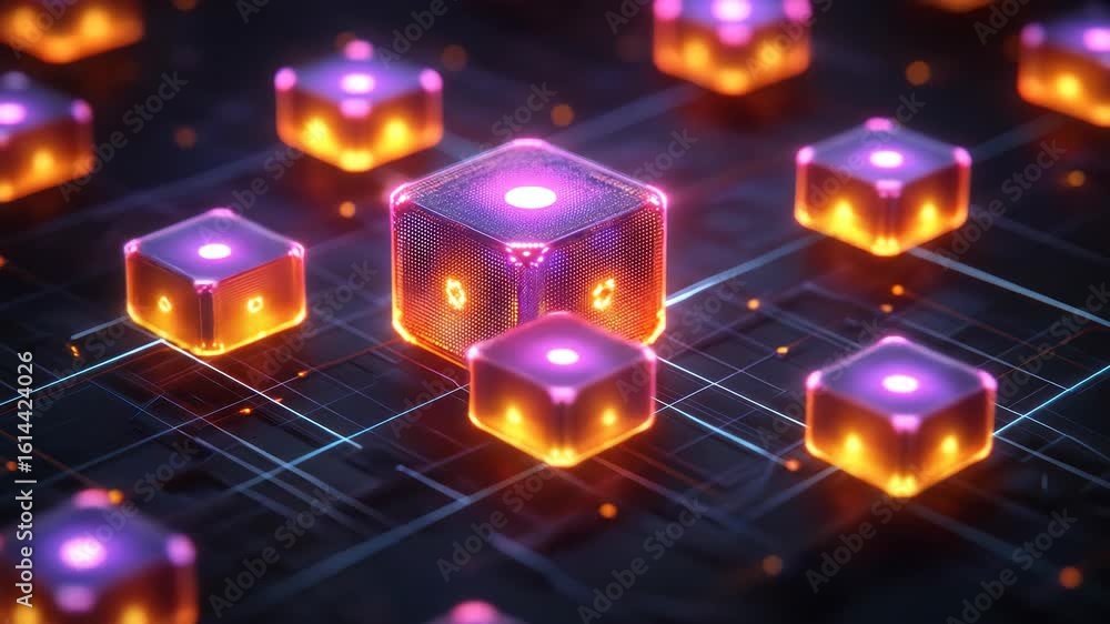 Aufkleber abstract network of glowing cubes on a grid