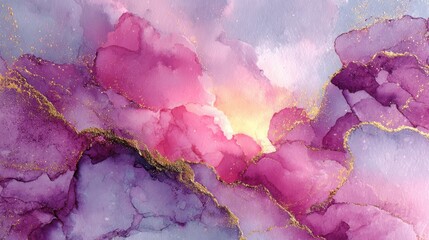 Vibrant pink purple watercolor with gold accents abstract