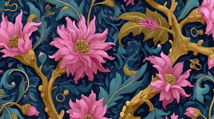 Vibrant Floral Pattern with Pink Flowers and Green Leaves on Dark Background, Perfect for Textile, Wallpaper, and Decorative Design Applications