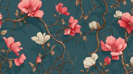 Elegant Floral Pattern with Pink and White Flowers on a Teal Background, Intricate Vines, and Natural Elements for Design Projects and Decor