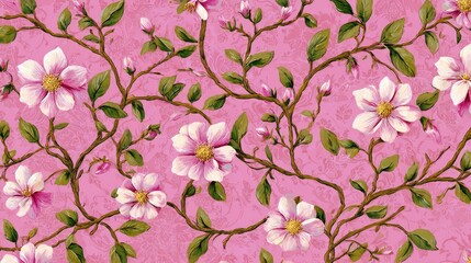 Delicate Pink Floral Pattern with Blossoming Flowers and Green Leaves on a Soft Pink Background for Elegant Design Projects