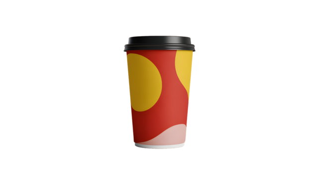 Red and yellow takeaway coffee cup isolated on transparent background