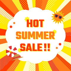 夏セール広告テンプレート／ランダムな集中線と夏アイテムのフレーム（オレンジ系）（正方形）
