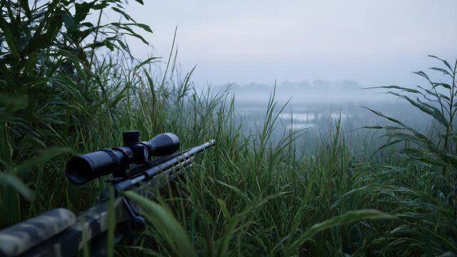 Camouflaged Rifle with Scope Aimed at Misty Field