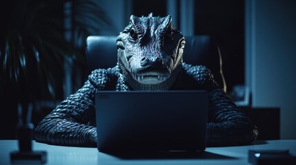 A creature with a crocodile head wearing a sweater sits at a desk, looking at a laptop.  Night office setting