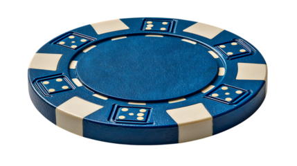 Blue casino poker chip with dice design isolated on transparent background
