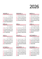 2026 calendar with month names in English and simplified Chinese, featuring a simple design, ideal for bilingual corporate publications and international planning resources