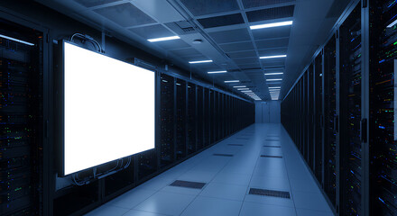 Obraz premium Glowing Blank Screen in Futuristic Data Center Corridor