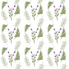 Hand-Drawn Seamless Botanical Pattern with Green Leaves and Purple Flowers. This soft and organic botanical design is perfect for textile prints, packaging, wallpapers, and digital backgrounds