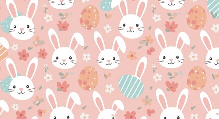 Pink background featuring a repeating pattern of cute white bunny faces, pastel Easter eggs, and small flowers.  A cheerful, simplistic design ideal for springtime celebrations