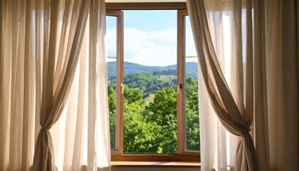 Open large window with sheer curtains blowing in the wind 