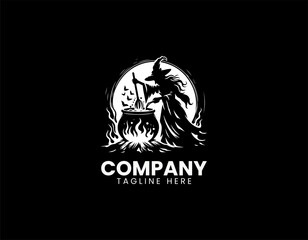 Spooky green witch with a pointy hat stirring a bubbling cauldron over a glowing fire. Halloween concept