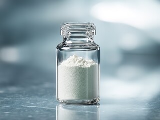 Glass cylinder bottle filled with white probiotic powder on gradient teal, pharmaceutical-grade purity visual for medical supplement packaging