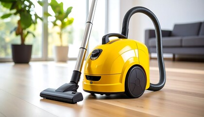 Fototapeta premium Bright Yellow Vacuum Cleaner on Hardwood Floor