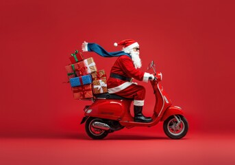 Santa Claus zipping through town on his scooter to deliver Christmas gifts and joy.