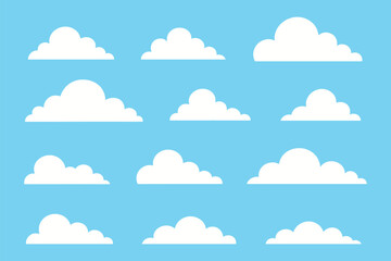 Flat cloud icon set with various simple shapes in white on blue background for weather, app, and web design