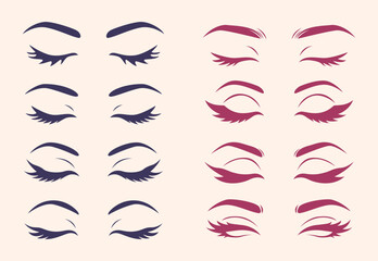 Closed eyes and eyebrows vector set with different eyelash styles and makeup designs for beauty and fashion illustration