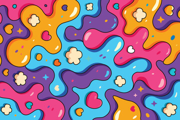 Colorful abstract liquid shapes with hearts and stars, pop art, and playful backgrounds