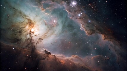 The image showcases a celestial nebula, revealing vast clouds of gas and dust illuminated by the radiant glow of stars, presenting a breathtaking cosmic