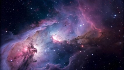 The image shows a stunning view of a nebula filled with stars, vibrant shades of blues, purples, pinks, and blacks, creating a celestial display of cosmic