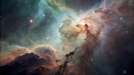 The image showcases a breathtaking nebula, a cosmic cloud of gas and dust, with bright stars scattered throughout the scene, creating a dynamic and ethereal
