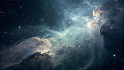 The image shows a stunning cosmic nebula with swirling clouds of gas and dust, illuminated by bright stars against a dark, vast expanse of