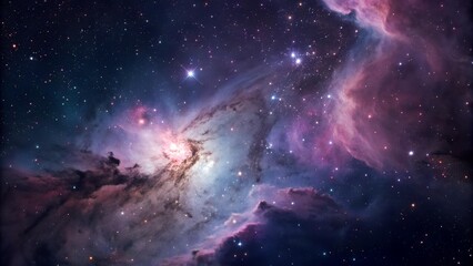 A captivating image showcases a vibrant nebula surrounded by a multitude of twinkling stars, bathed in swirling hues of blue, purple, pink, and
