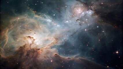 The image showcases a stunning view of a nebula, with wisps of gas and dust swirling around bright stars, creating a scene of cosmic beauty and celestial
