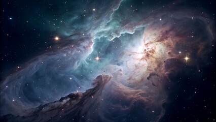 The image displays a vibrant and stunning nebula in space, showcasing brilliant hues of blues, purples, and creams, dotted with stars, creating a cosmic