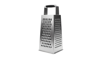Stainless steel box grater for kitchen use isolated on transparent background