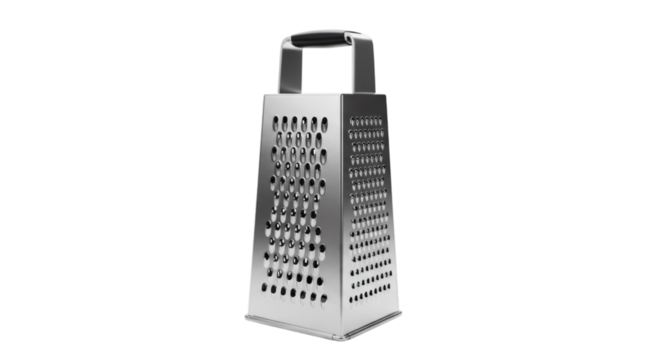 Stainless steel box grater for kitchen use isolated on transparent background