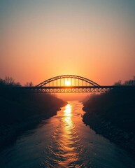 Naklejka premium Epic cinematic scene of a bridge crossing a river at sunset, grand scale, natural earth tones, soft focus, hazy background, and a heroic composition with lens glow.