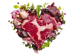 Heart shaped raw beef steak with fresh vegetables and flowers isolated on transparent background