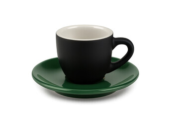 Empty black and white coffee cup on green saucer with transparent background
