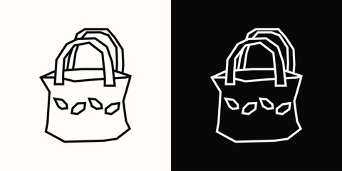 Tote Bag Icon in Black Line Art and White Line Art Cutout Style