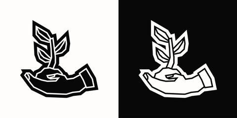 Hand with Sprouting Plant Icon in Black Filled and White Filled Cutout Style