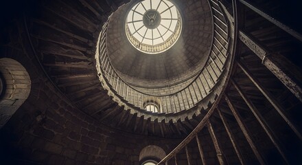 Worm's-eye view of a majestic stone spiral staircase winding upwards towards a sunlit oculus in an old historic building.