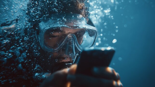 Male diver using smartphone device underwater in deep blue sea during summer holiday vacation