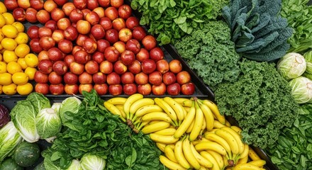 Colorful display of fresh produce, featuring vibrant red apples, yellow bananas, and various leafy greens.  A triangular arrangement showcases a mix of fruits and vegetables