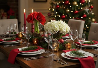 A beautifully decorated Christmas table is set for a festive dinner, creating a warm and inviting holiday scene.