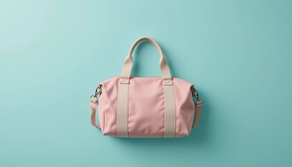 Blush Pink bag with beige canvas straps on soft turquoise background