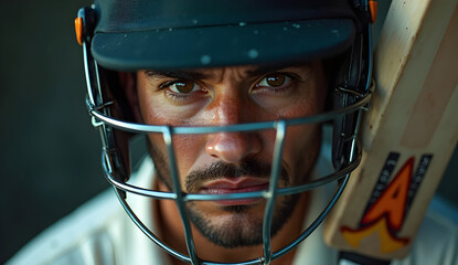 close-up dramatic portrait of a professional cricket batsman, determined expression, wearing protective helmet with metal grille, sweat beading on face, high-end sports photography, intense eyes, perf