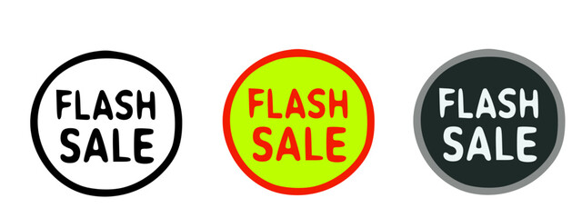 Three circular sale badges displaying the words "FLASH SALE" in various colors.