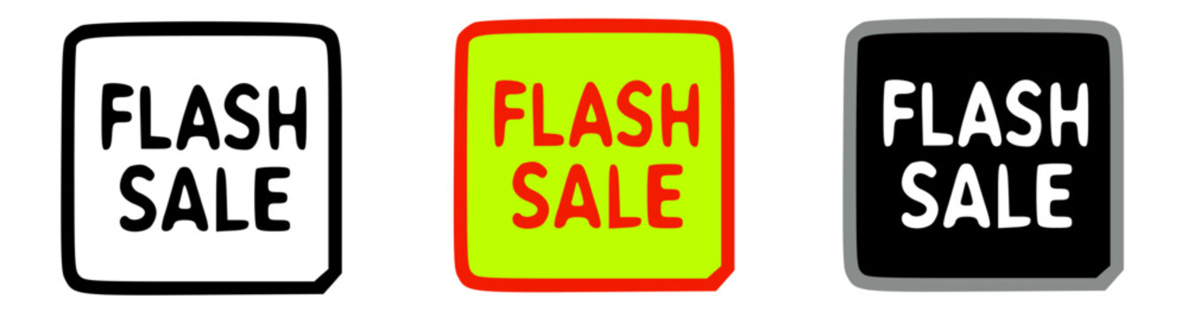 Three variations of a "Flash Sale" announcement, each with different color schemes and borders.