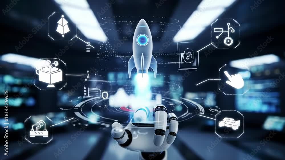 Poster futuristic robot hand launching rocket with digital interface, innovation, technology, artificial in